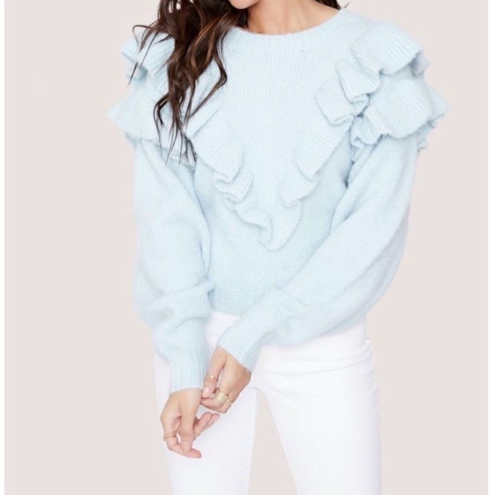 Lost + Wander Stay Humble Sweater Exaggerated Ruffle Baby Blue S / M NWT